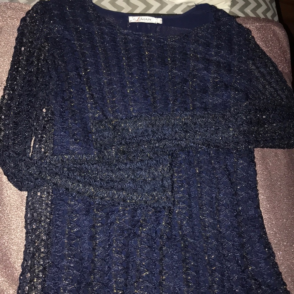 Navy blue and champagne gold sparkles top